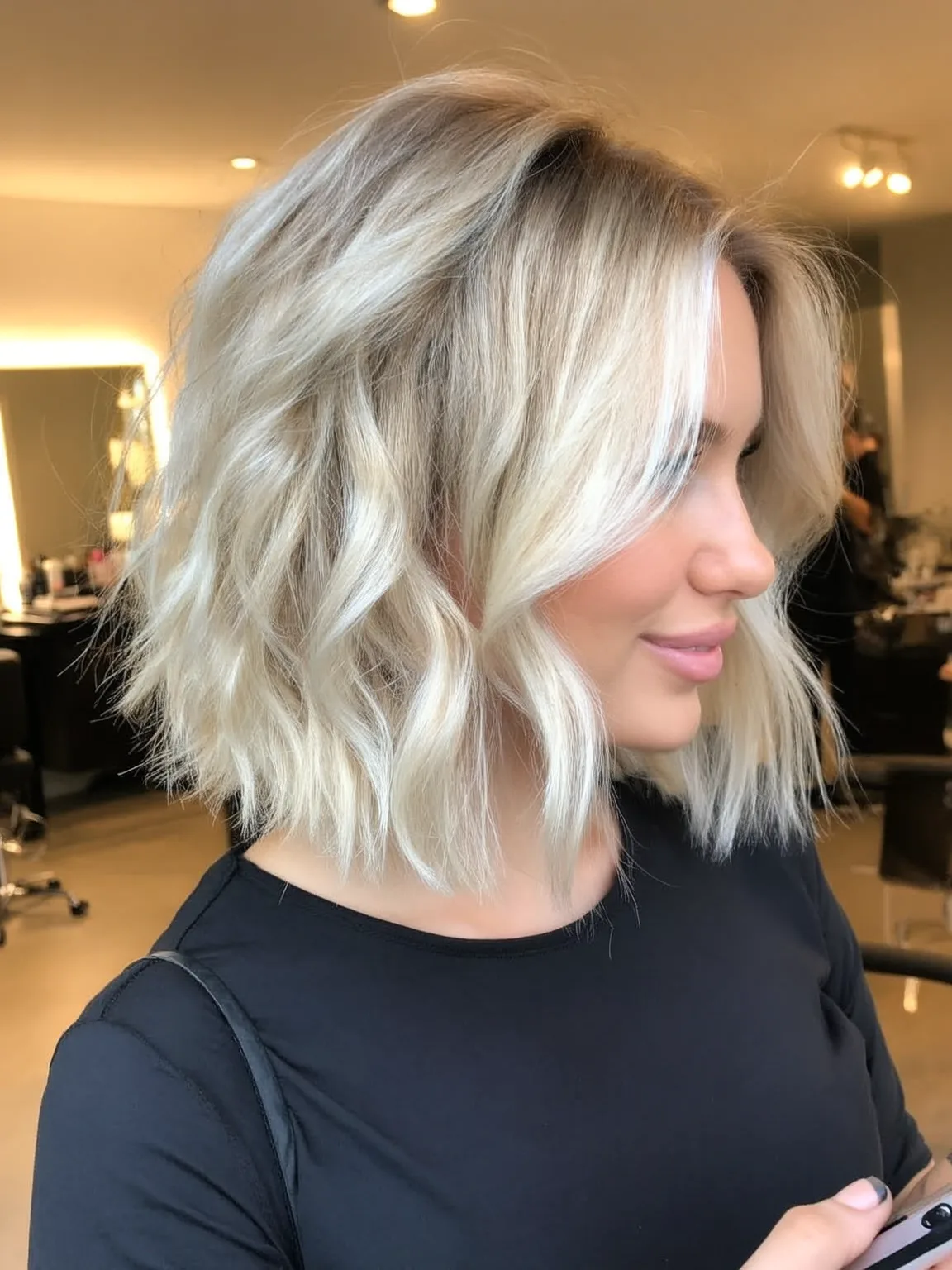 Textured Blonde Wavy Lob with Sandy Highlights